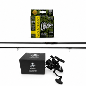 Set de pescuit Kraken Black Pearl Carp 11ft 3lbs 3segm. + Mulinetă Kraken Free Runner 4500 Baitrunner + Fir MegaBAITS OBSESSION 2.0 Carp & FEEDER 300 m 0.30 mm/10.90 kg camou / 4-culori deschis