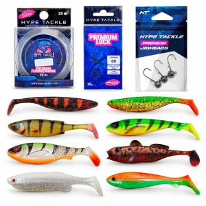 Set de năluci Premium Zander | 16 năluci soft 7,5–12 cm + jiguri, fluorocarbon și agrafe