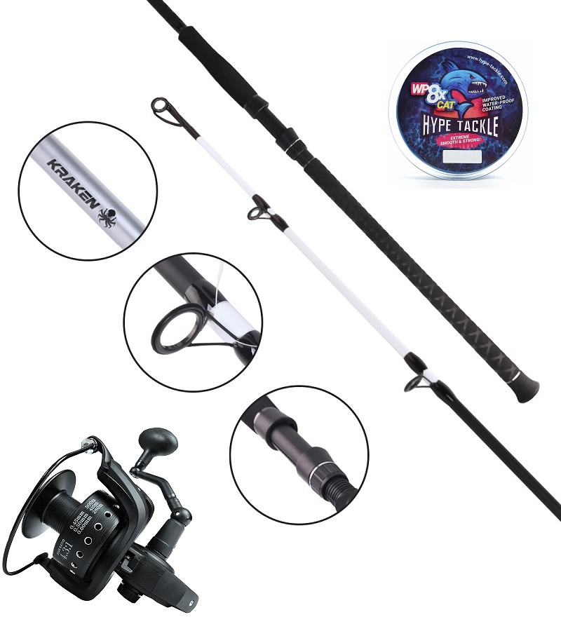 Zestaw Wędka Kraken CATFISH Glo 300cm Do 450G + Kołowrotek Kraken Black Pearl Cat 10000 + Plecionka Hype Tackle WP8 Blue 0,40mm, 39kg 300m
